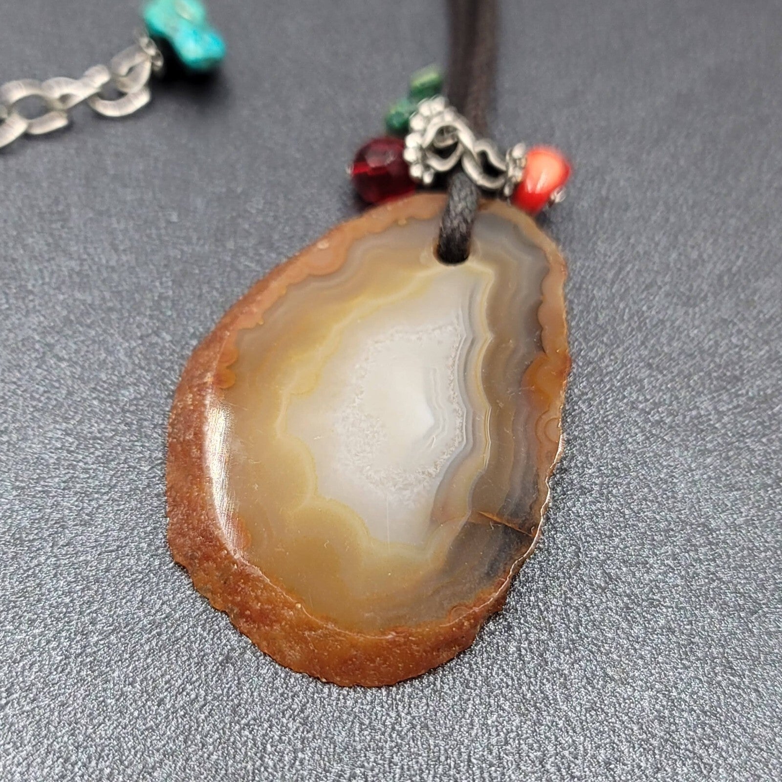Banded Agate Geode Slice Pendant Necklace Beads Black Cord 15"-18"
