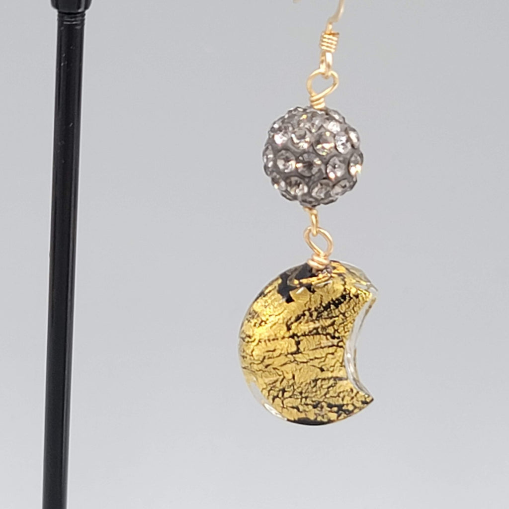 Dichroic Glass Moon Pierced Earrings Gold tone Rhinestone Dangle 1.5"
