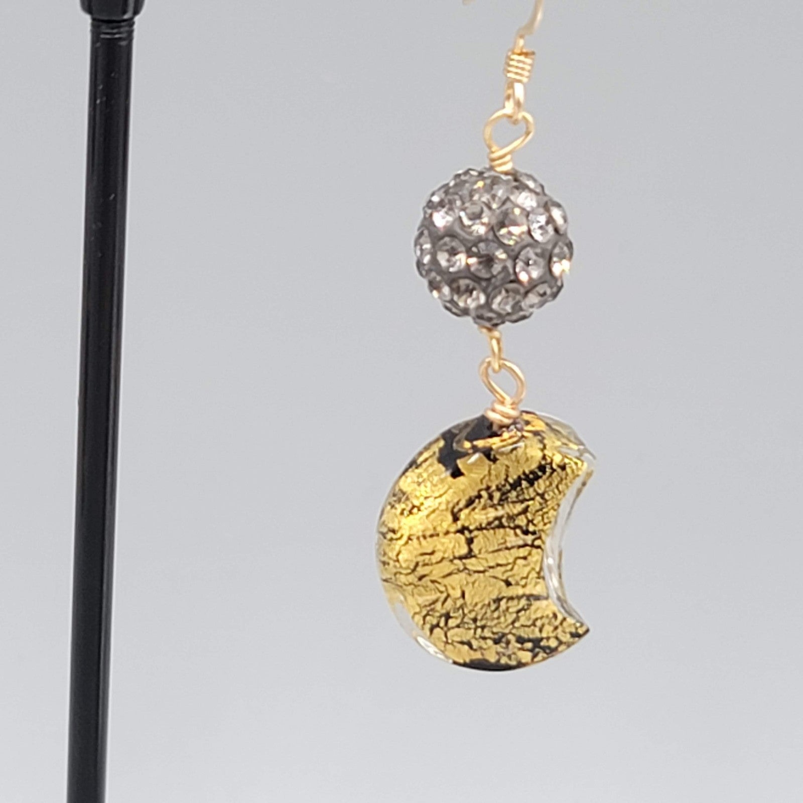 Dichroic Glass Moon Pierced Earrings Gold tone Rhinestone Dangle 1.5"