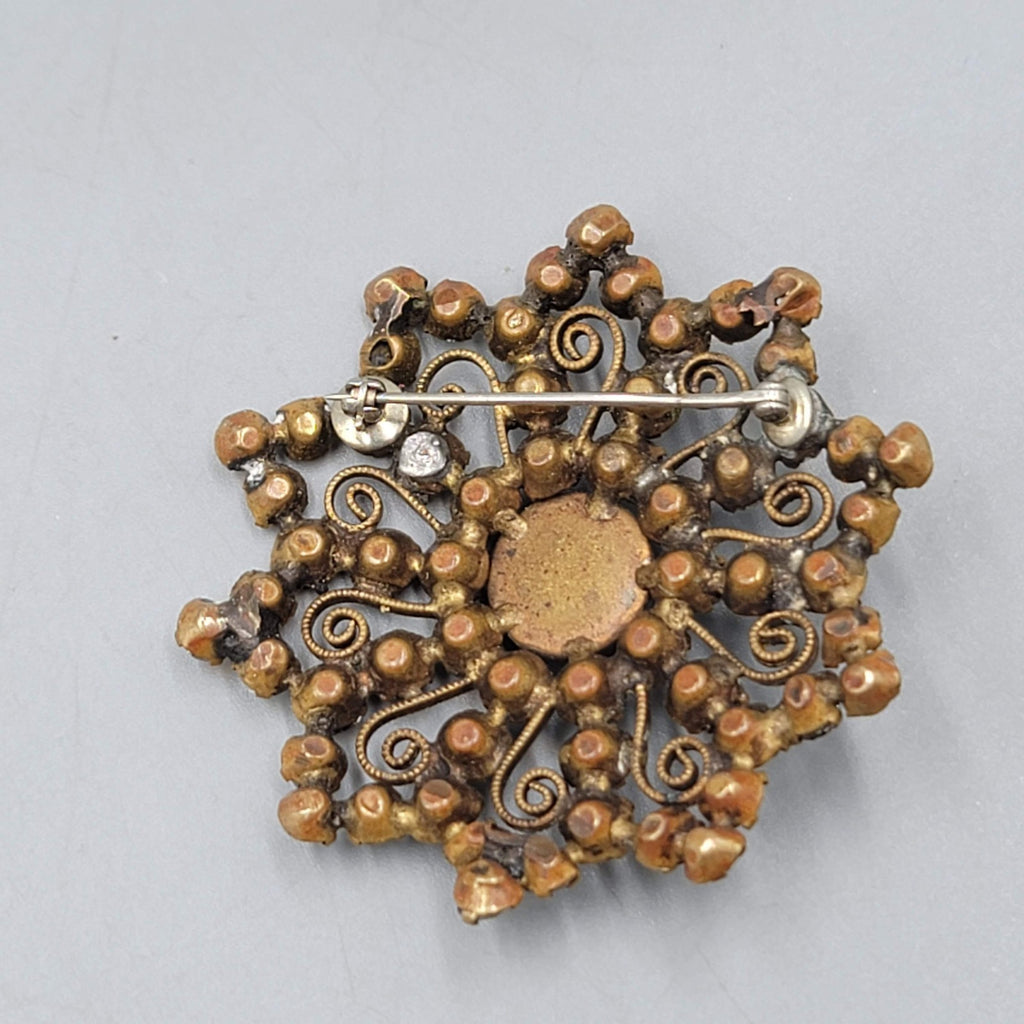 Antique Purple Rhinestone Filigree Brooch Gold tone Flower 2 in
