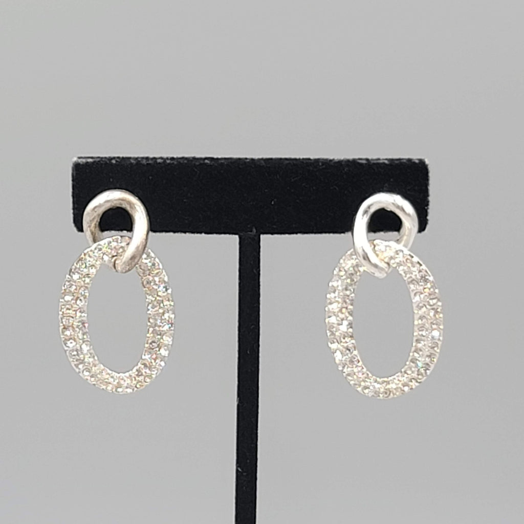 Pierced Earrings Rhinestone Silver tone Dangle Open Work Double Link 1.5"