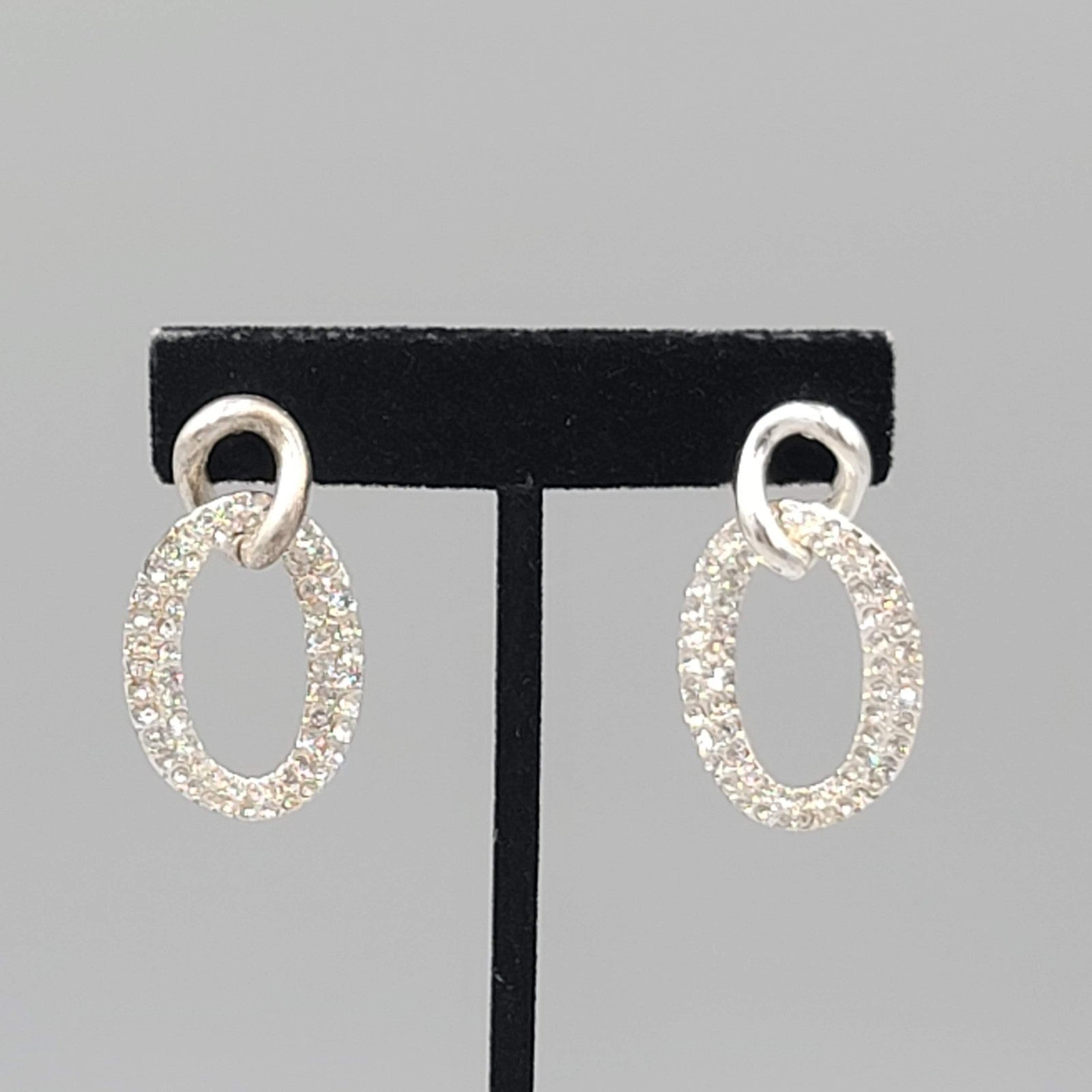 Pierced Earrings Rhinestone Silver tone Dangle Open Work Double Link 1.5"