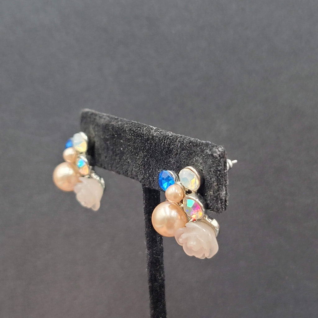 Pierced Earrings Multicolor Bead Rose Cluster Drop Gold tone 1"