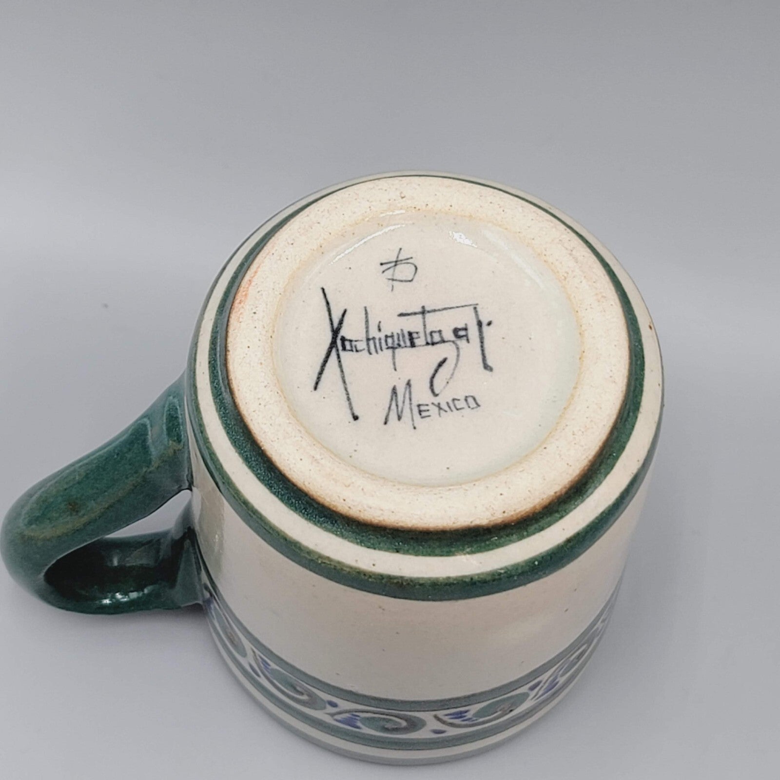 Mexico Xochiquetzal Pottery Coffee Mug Signed by Artist  Green Blue