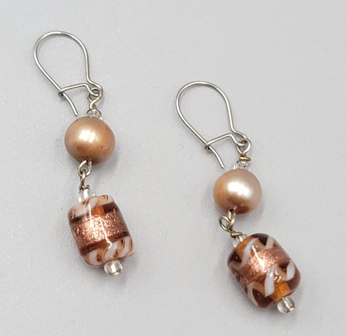 Art Glass Bead Pierced Earrings Silver tone Dangle 1.25"