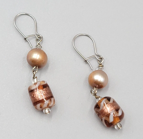 Art Glass Bead Pierced Earrings Silver tone Dangle 1.25"