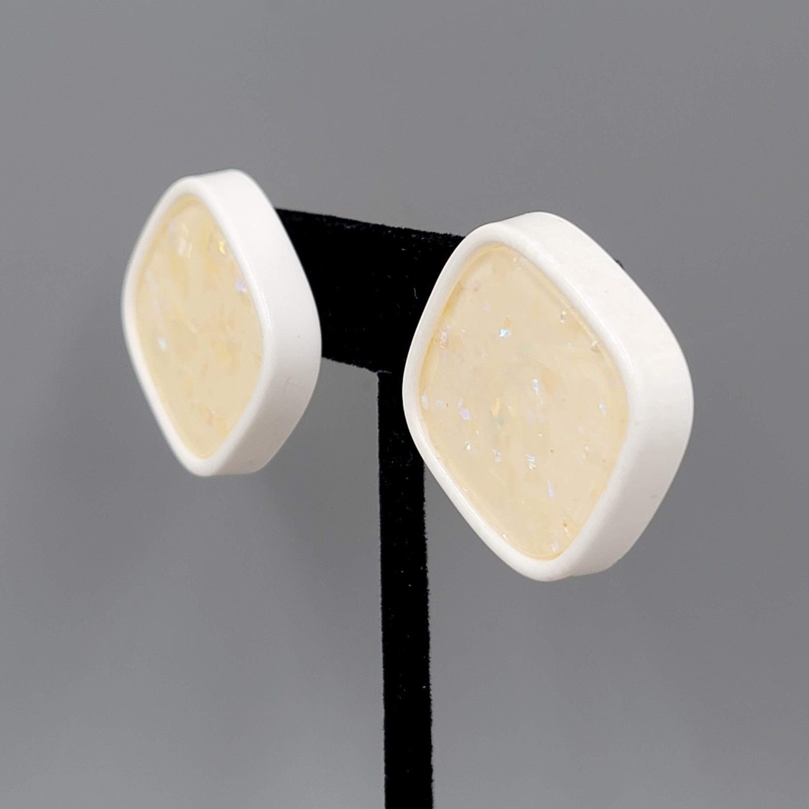 Vintage White Confetti Pierced Earrings Acrylic Square Drop 1.25"