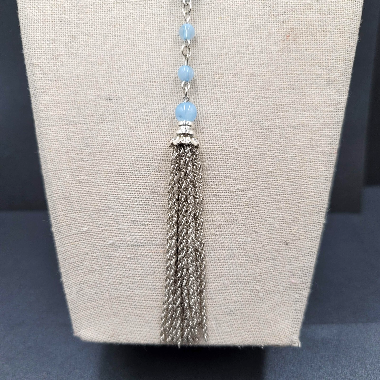 BR Banana Republic Necklace Blue Bead Chain Tassel Pendant Long 30"