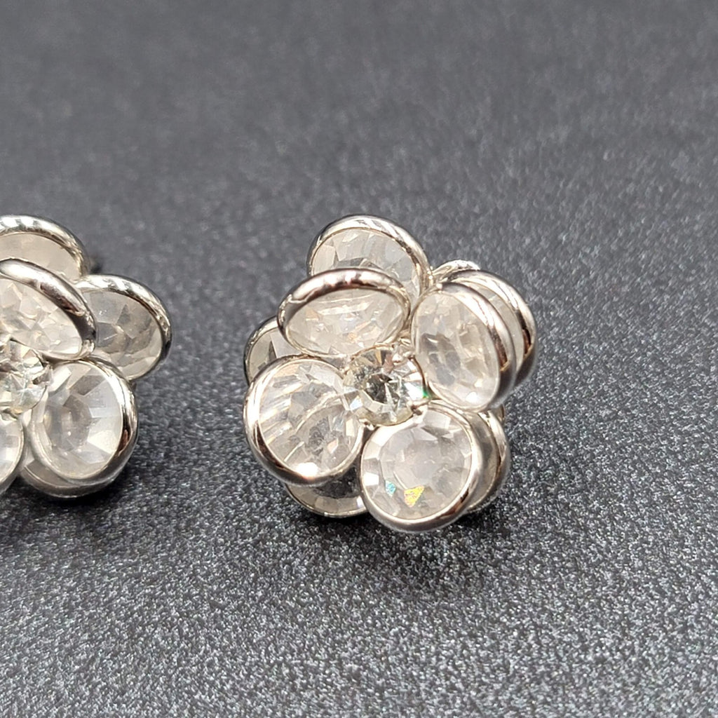 Flower Pierced Earrings Silver tone Clear Faceted Glass Studs 5/8"