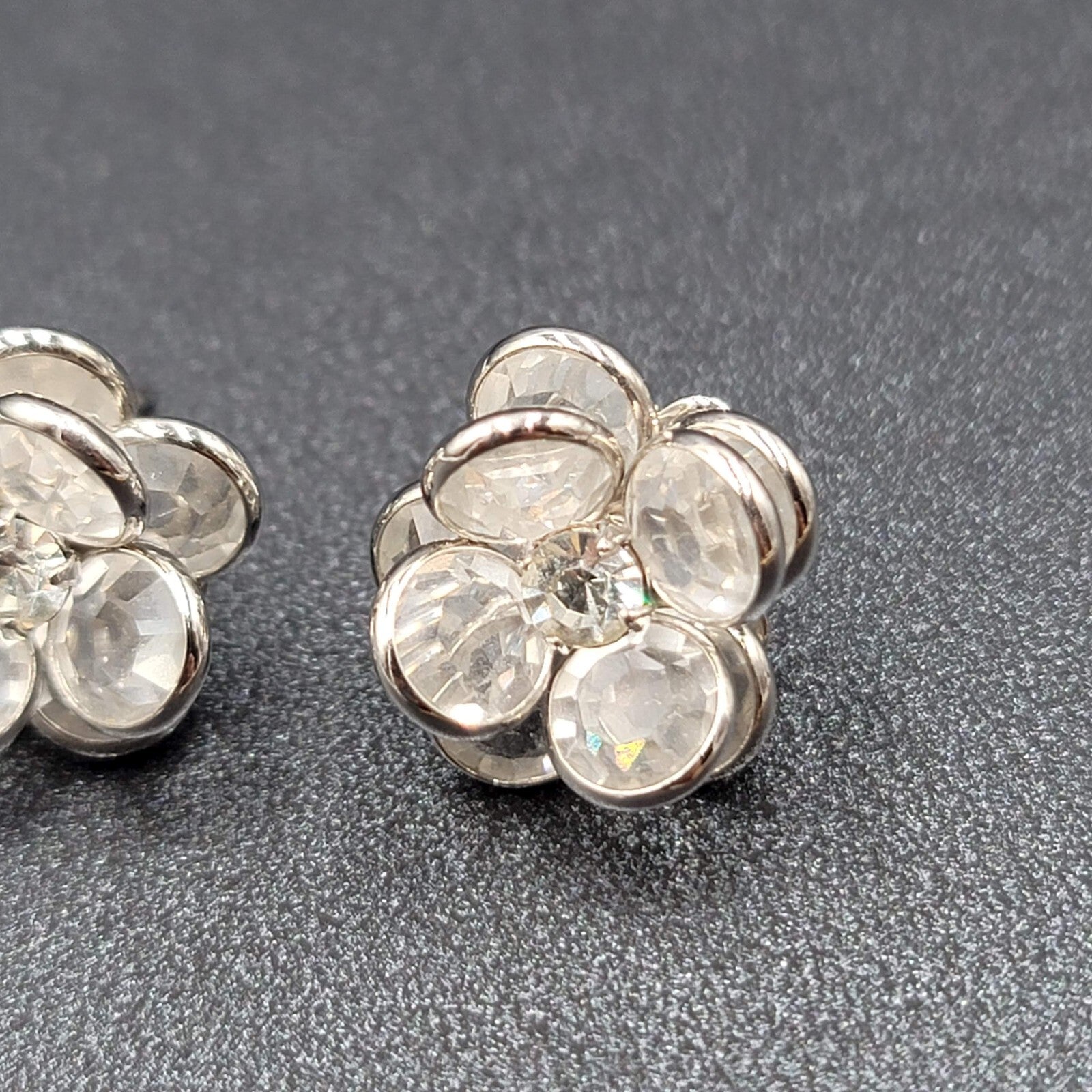 Flower Pierced Earrings Silver tone Clear Faceted Glass Studs 5/8"