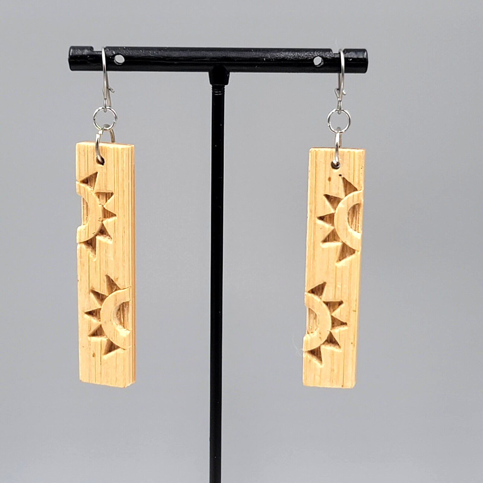 Sun Motif Wood Pierced Earrings Silver tone Dangle 2.25"