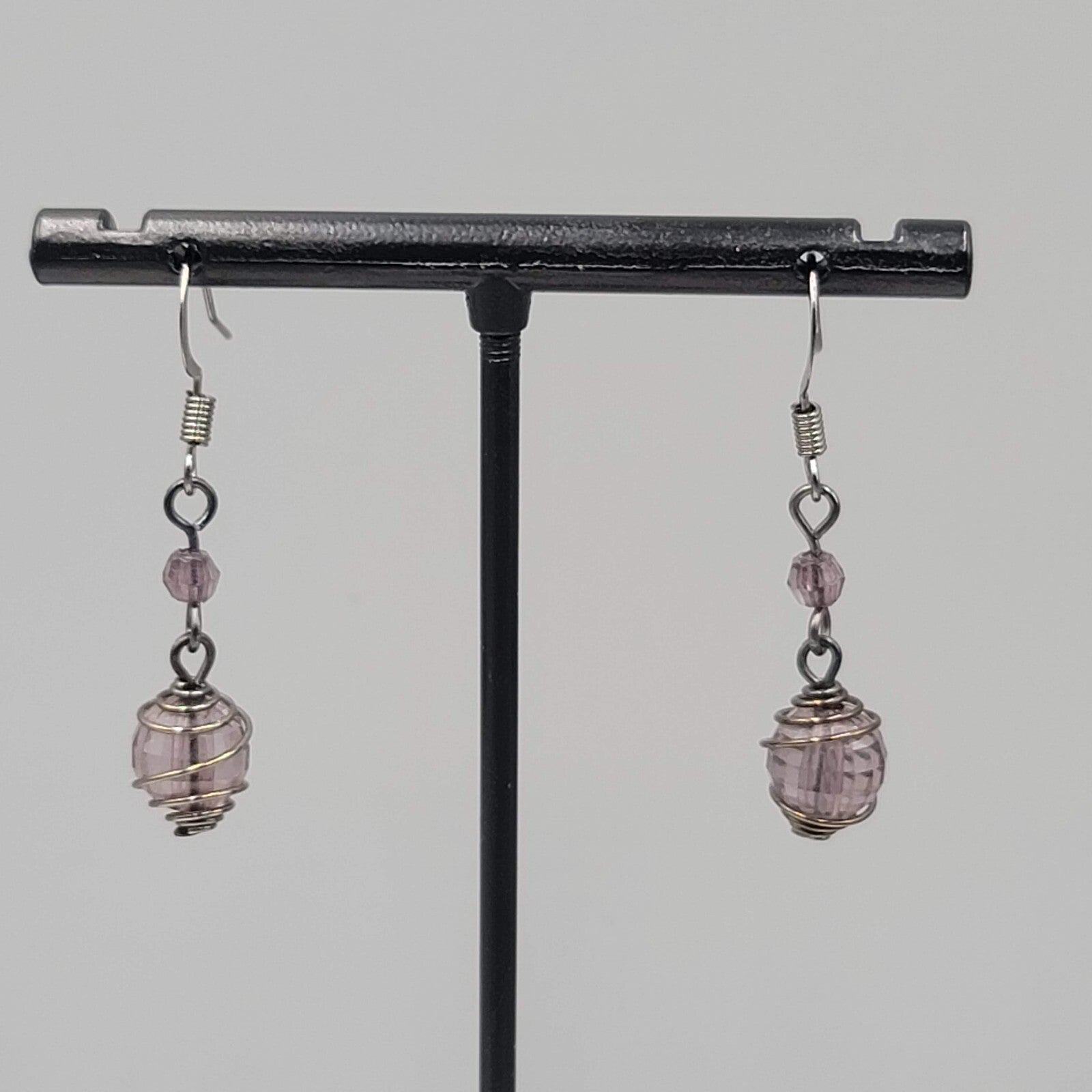 Purple Caged Bead Pierced Earrings Black Metal Dangle 1"