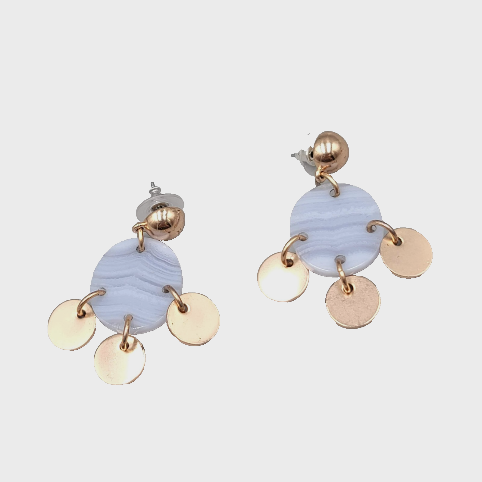 Modern Dangle Earrings Gold Tone Discs Blue Lace Agate Look Boho Chic Pierced 2"