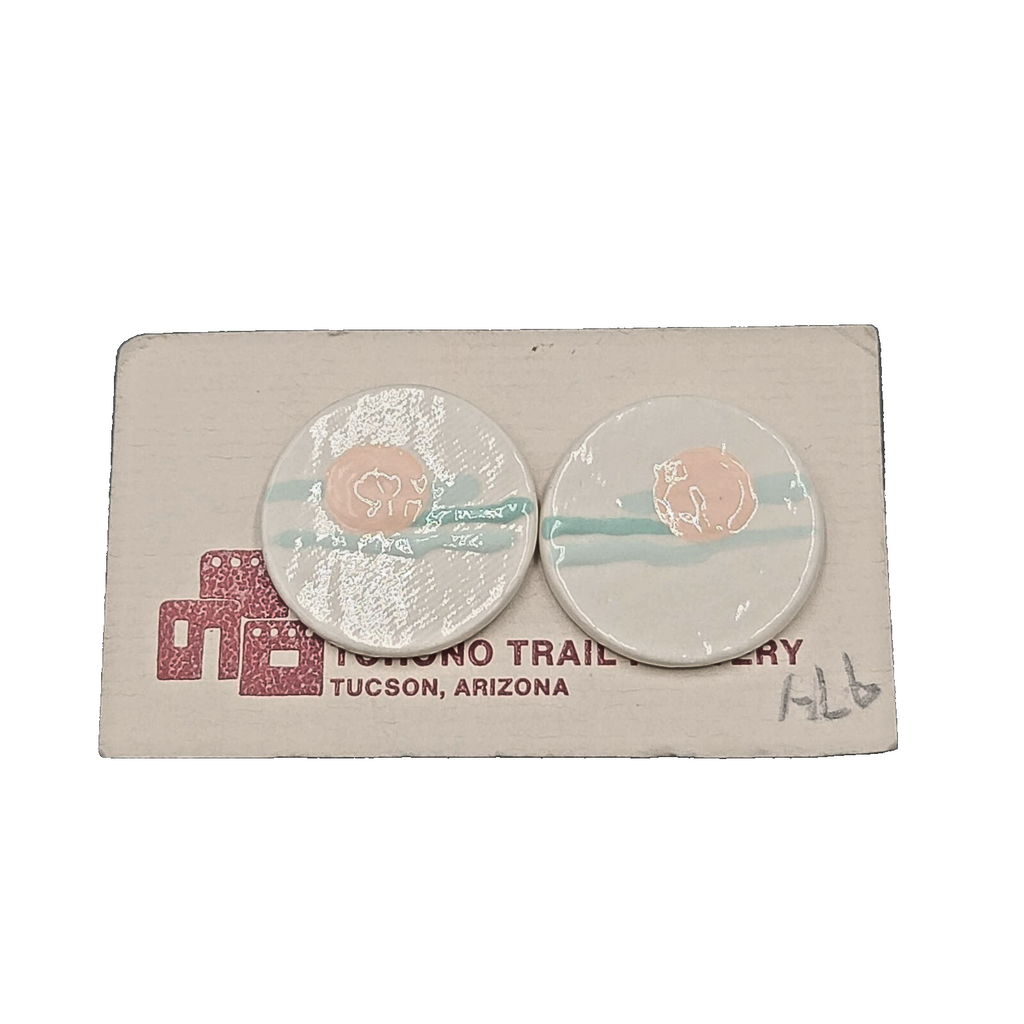 Vintage Tohono Trail Pottery Pierced Earrings White Peach Teal Discs 1.25"