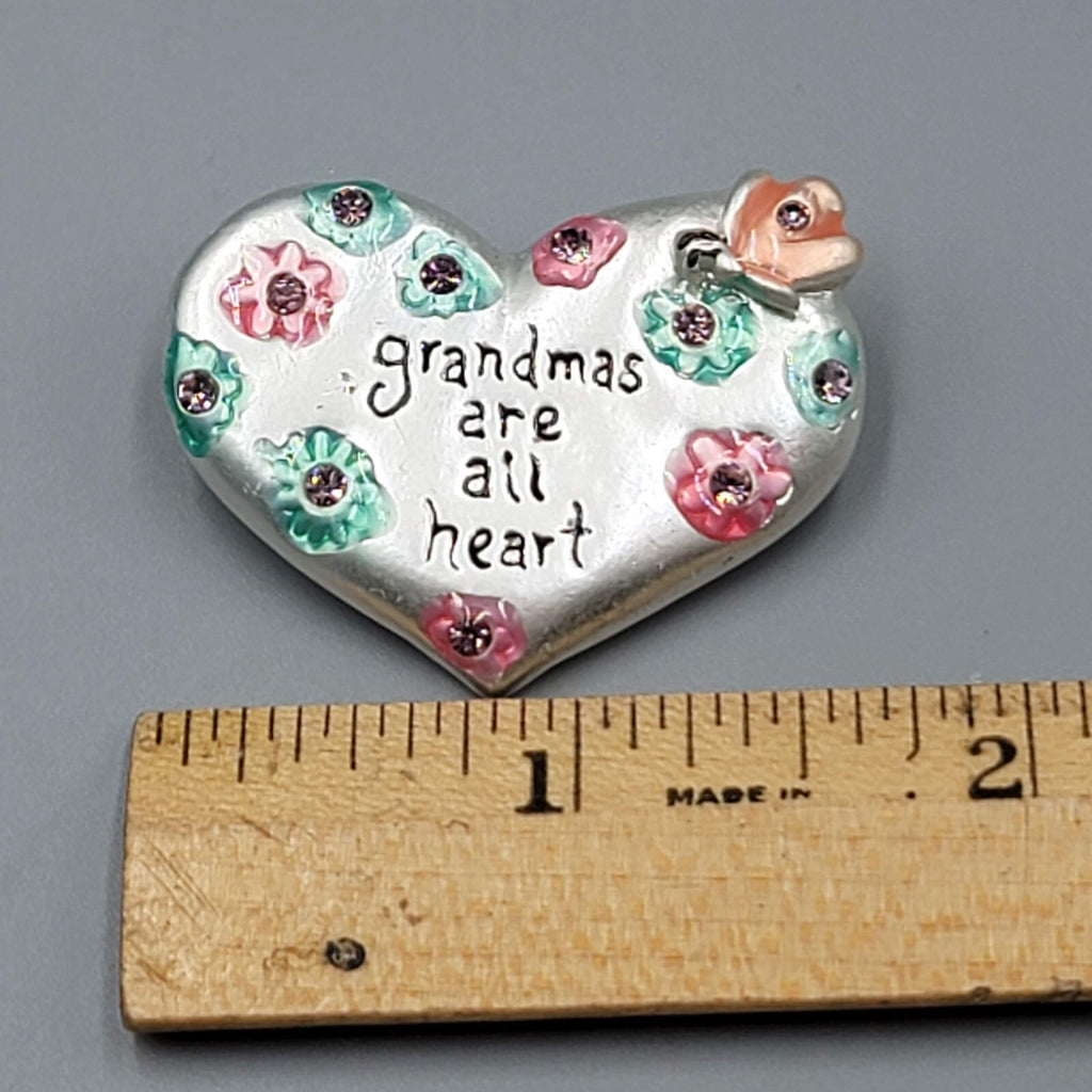Grandmas are all Heart Brooch Silver tone Enamel Flowers Rhinestones 1.5"w