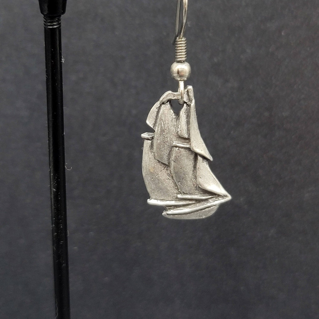 Vintage Ship Pierced Earrings Pewter Silver tone Dangle Nautical 7/8"