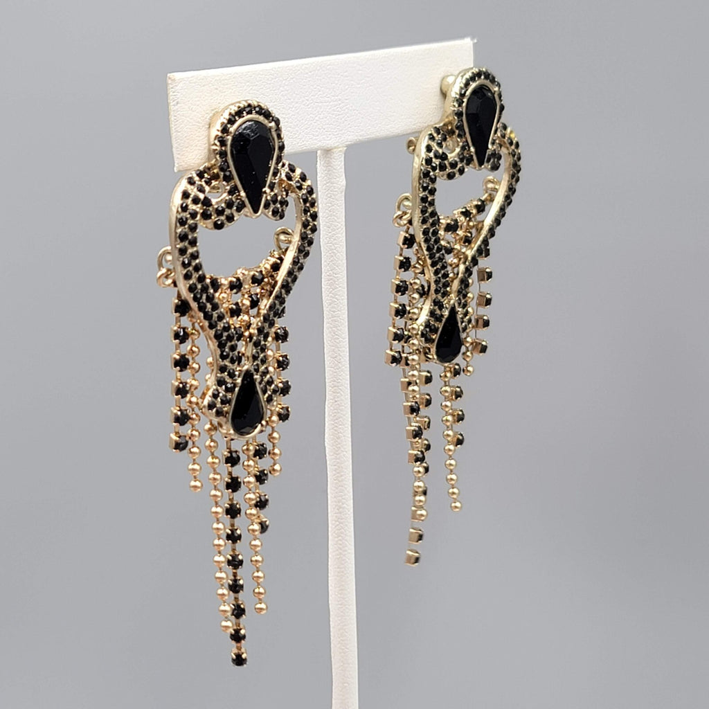 Statement Pierced Earrings Gold tone Black Rhinestone Chandelier Long 3.25"