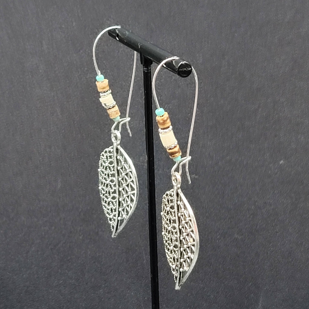 New Boho Pierced Earrings Open Work Leaf Beaded Long 3"