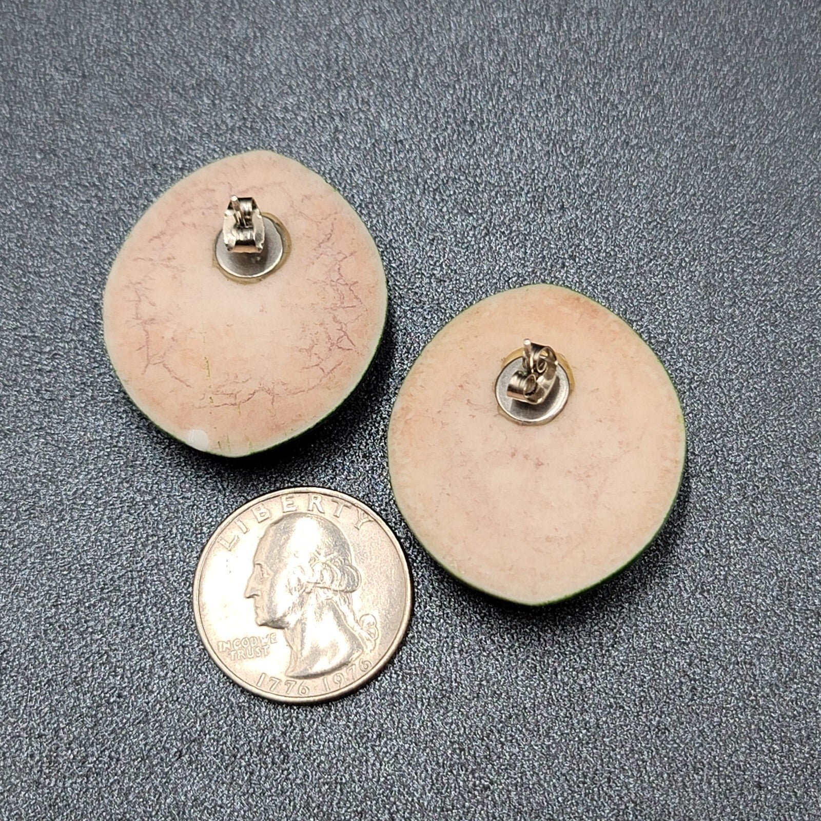 Vintage Pierced Earrings Dark Green Weave Pattern  1.5"