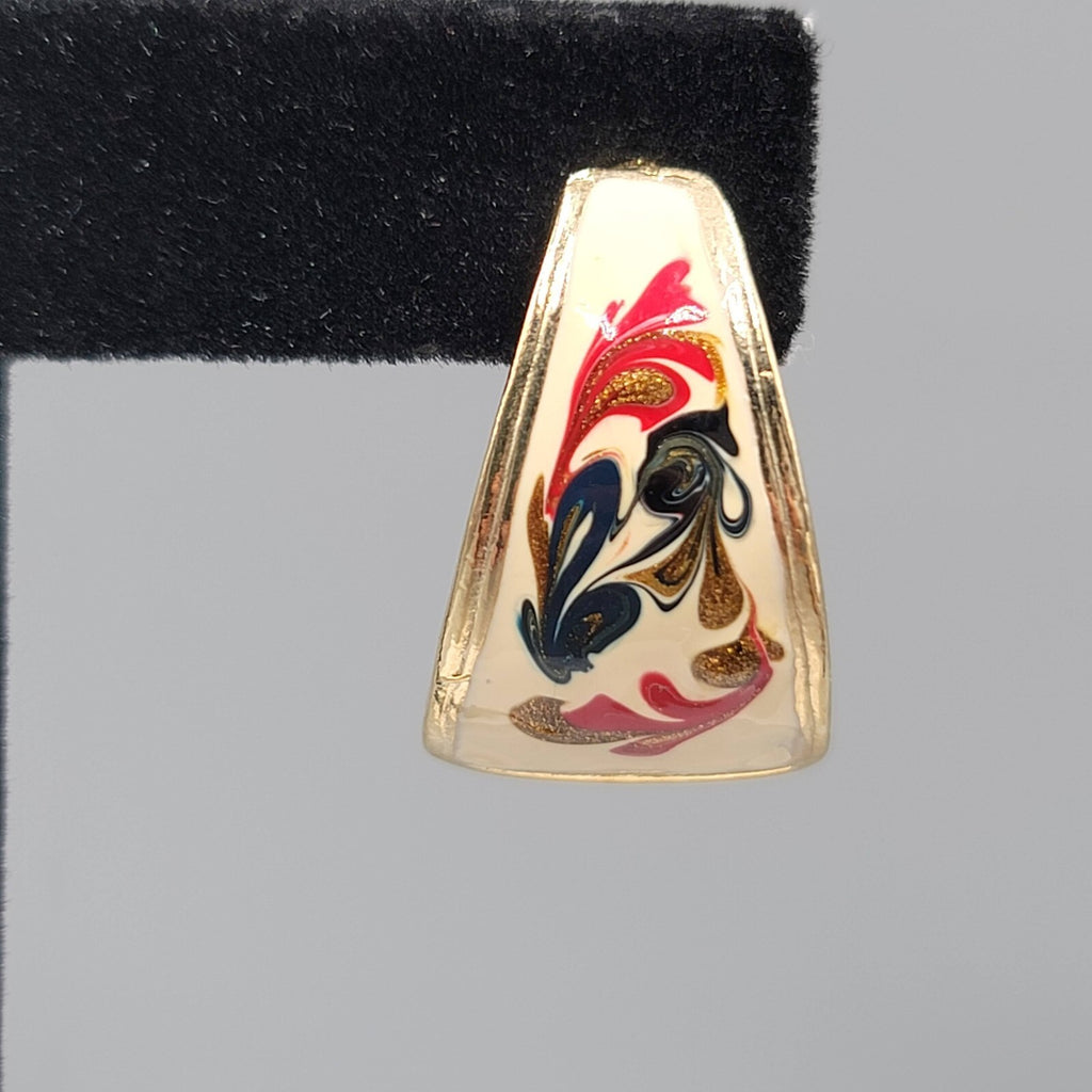 Vintage Pierced Earrings White Red Green Enamel Gold tone Drop 1"