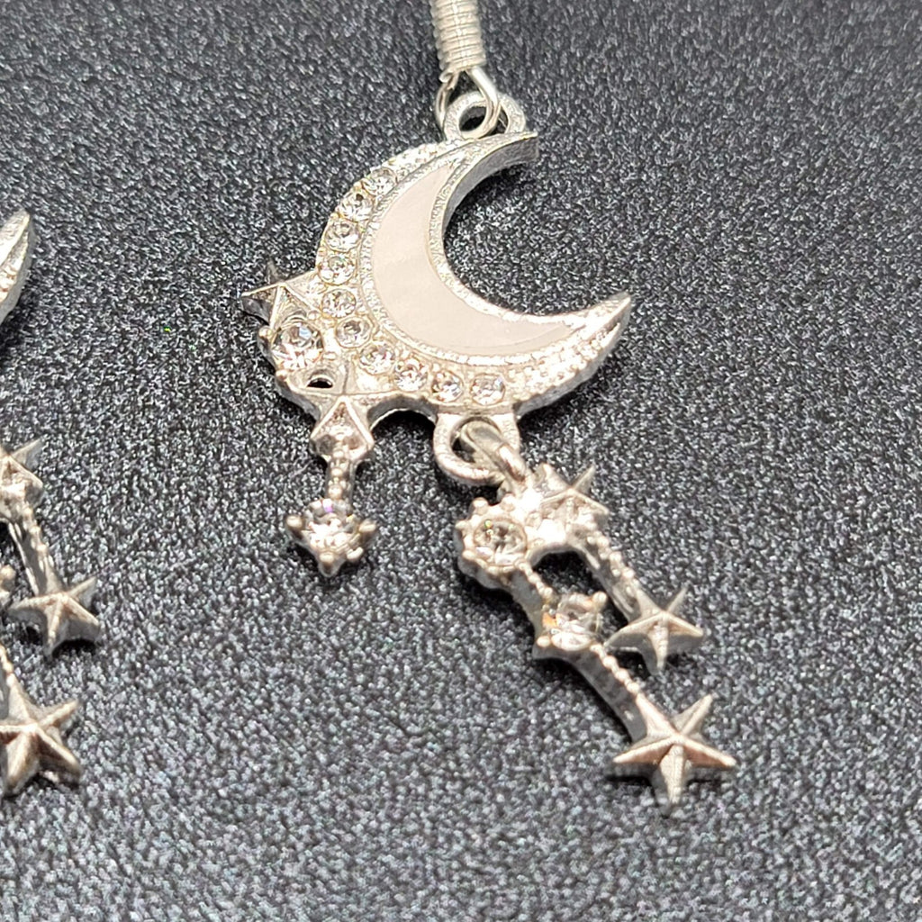 Moon Pierced Earrings Silver tone Crystal Rhinestone Dangle 1.5"