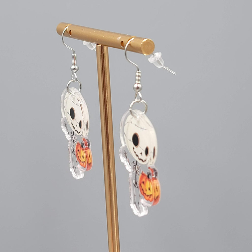 Halloween Skeleton Jack o Lantern Pierced Earrings Silver tone Dangle 1.5 in