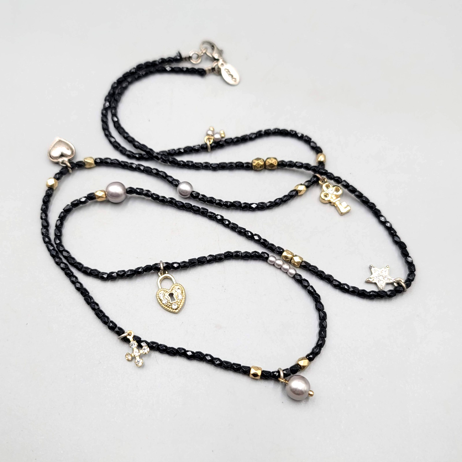 AEO American Eagle Outfitters Necklace Black Seed Bead Gold tone Charms Long 36"