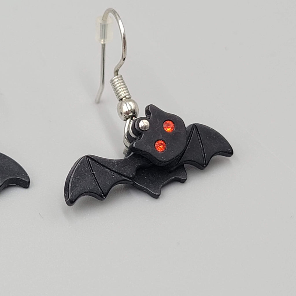 Bat Pierced Earrings Articulated Layered Dangle Red Rhinestone Eyes 1" x 1/2"