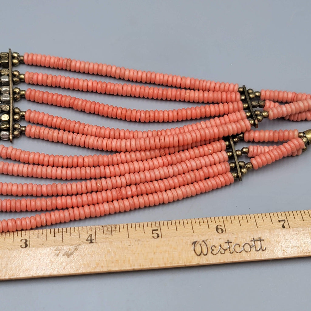 Artisan Faux Coral Bead Bib Boho Necklace Pink Metal Multistrand 20"