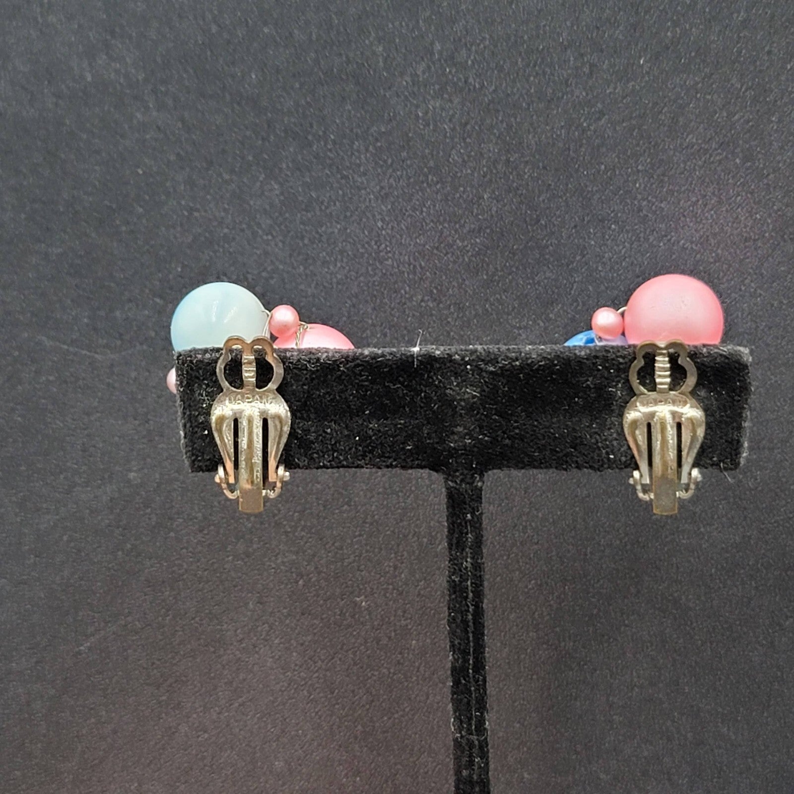 Vintage Clip on Earrings Pink Blue Cluster Beaded Japan 7/8"