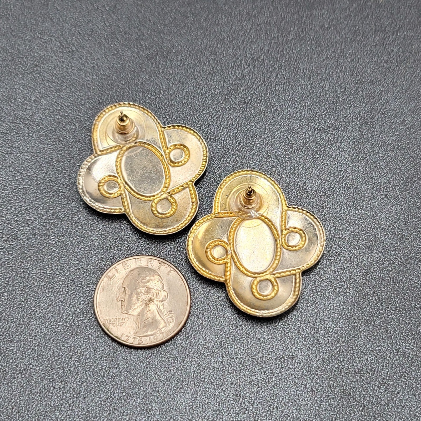 Vintage Pierced Earrings Black Cream Enamel Large Statement 1.5"