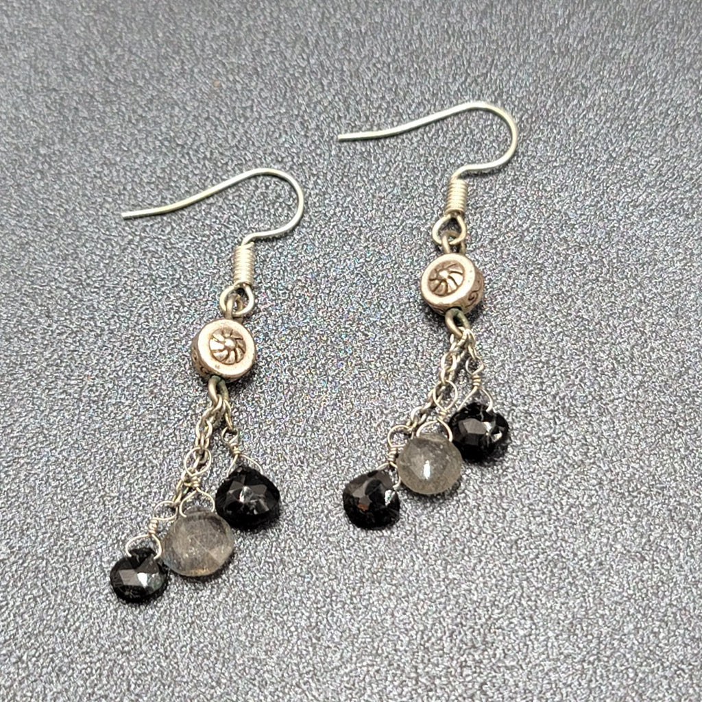 Pierced Earrings Silver tone Black Gray Stones on Dangle Chains 1.25"