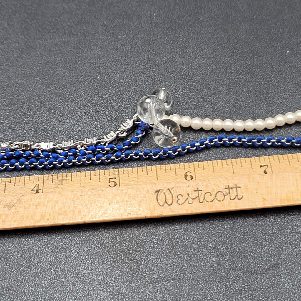 Ann Taylor Necklace Silver tone Chain Rhinestone Imitation Pearls Royal Blue 22"