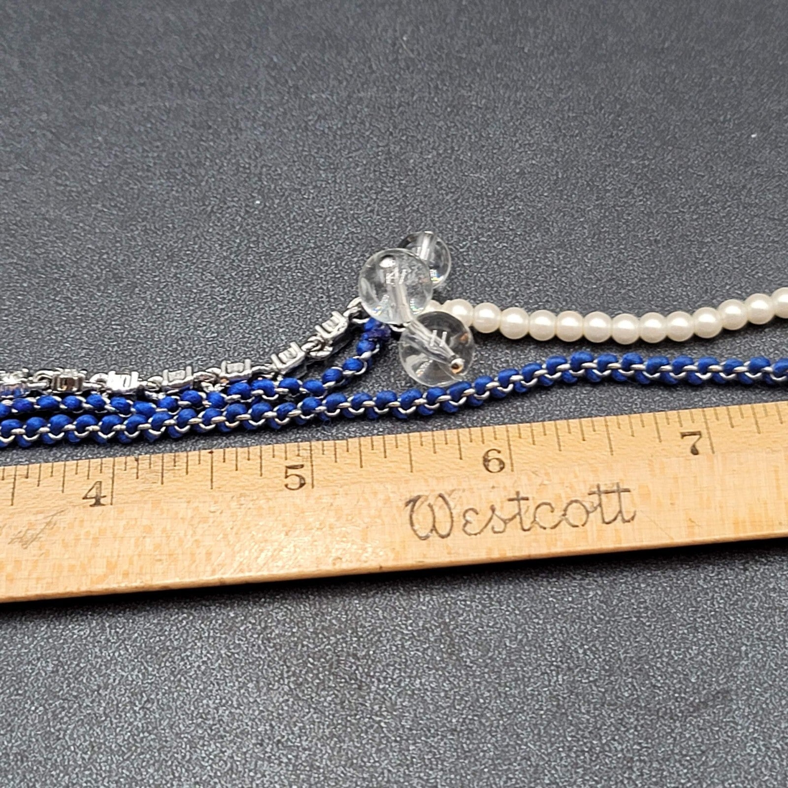 Ann Taylor Necklace Silver tone Chain Rhinestone Imitation Pearls Royal Blue 22"