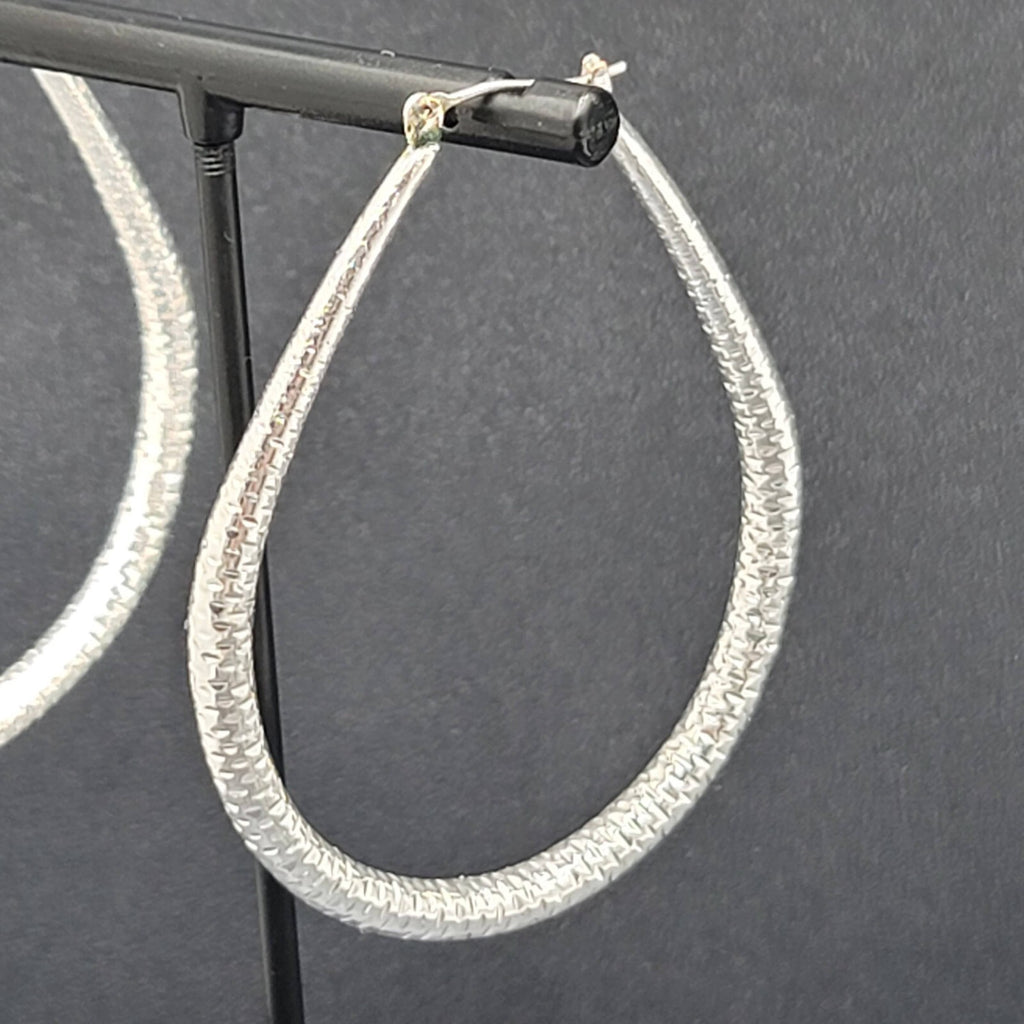 Pierced Earrings Silver tone Large Textured Hoops Teardrop Dangle 2.25"