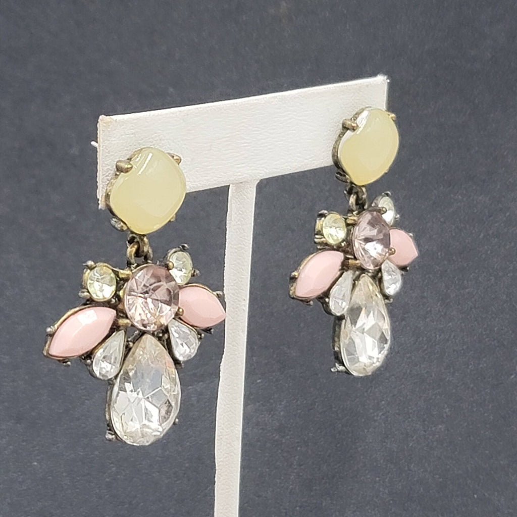 Pierced Earrings Antiqued Gold tone Multicolor Faceted Accent Acrylic 1 7/8"