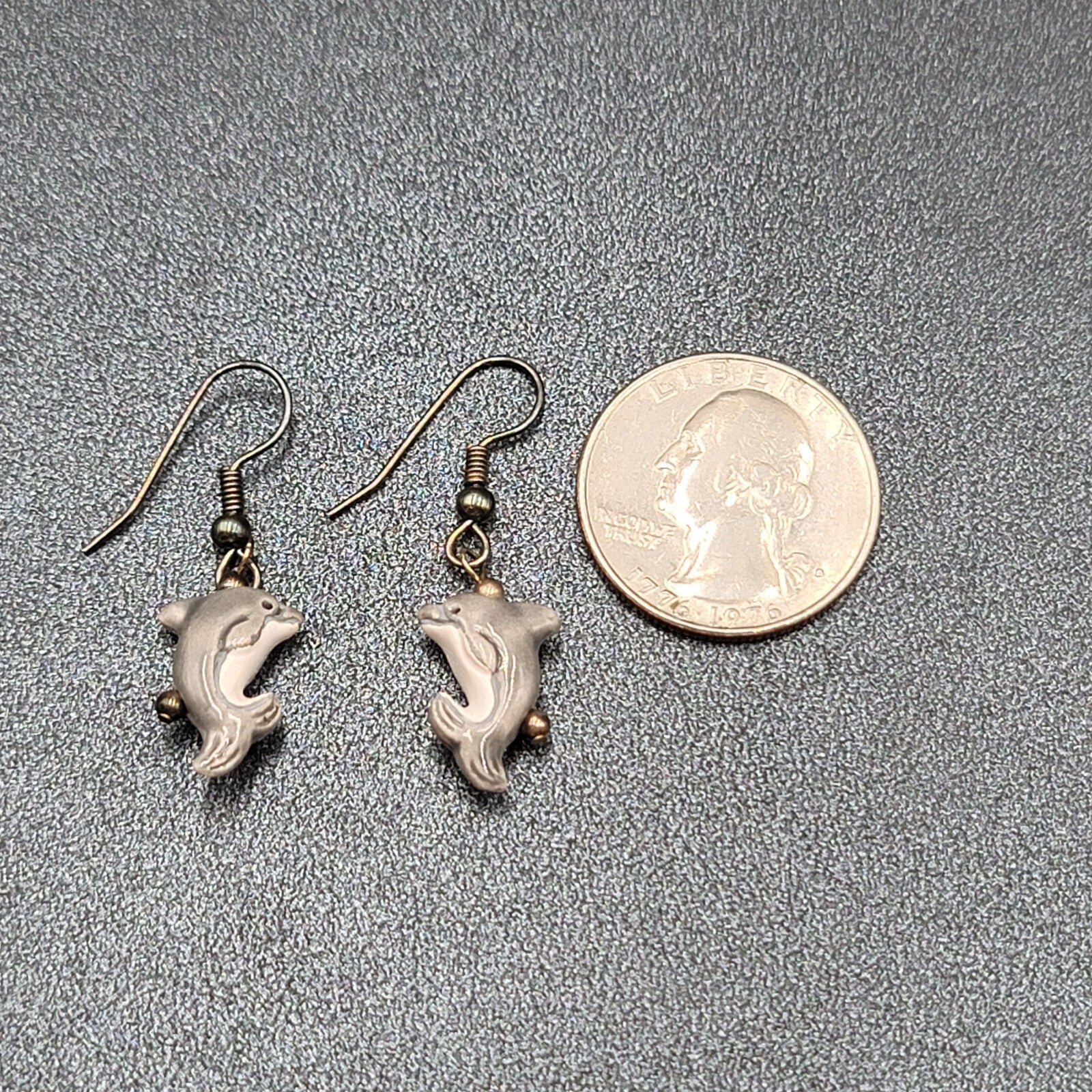 Pierced Earrings Porcelain Dolphin Dangle So Cute! 3/4"