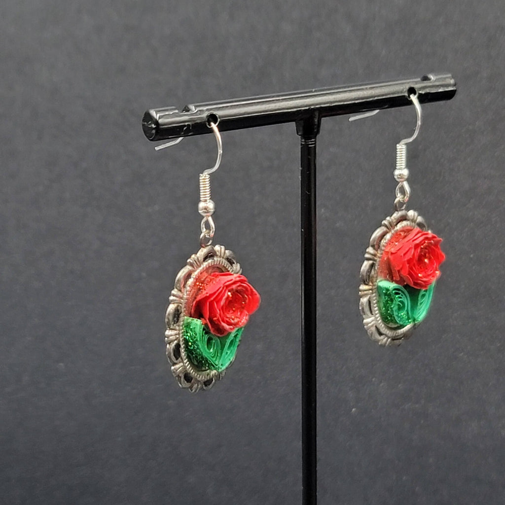 Pierced Earrings Paper Quilling Rose Flower Silver tone Dangle 1"