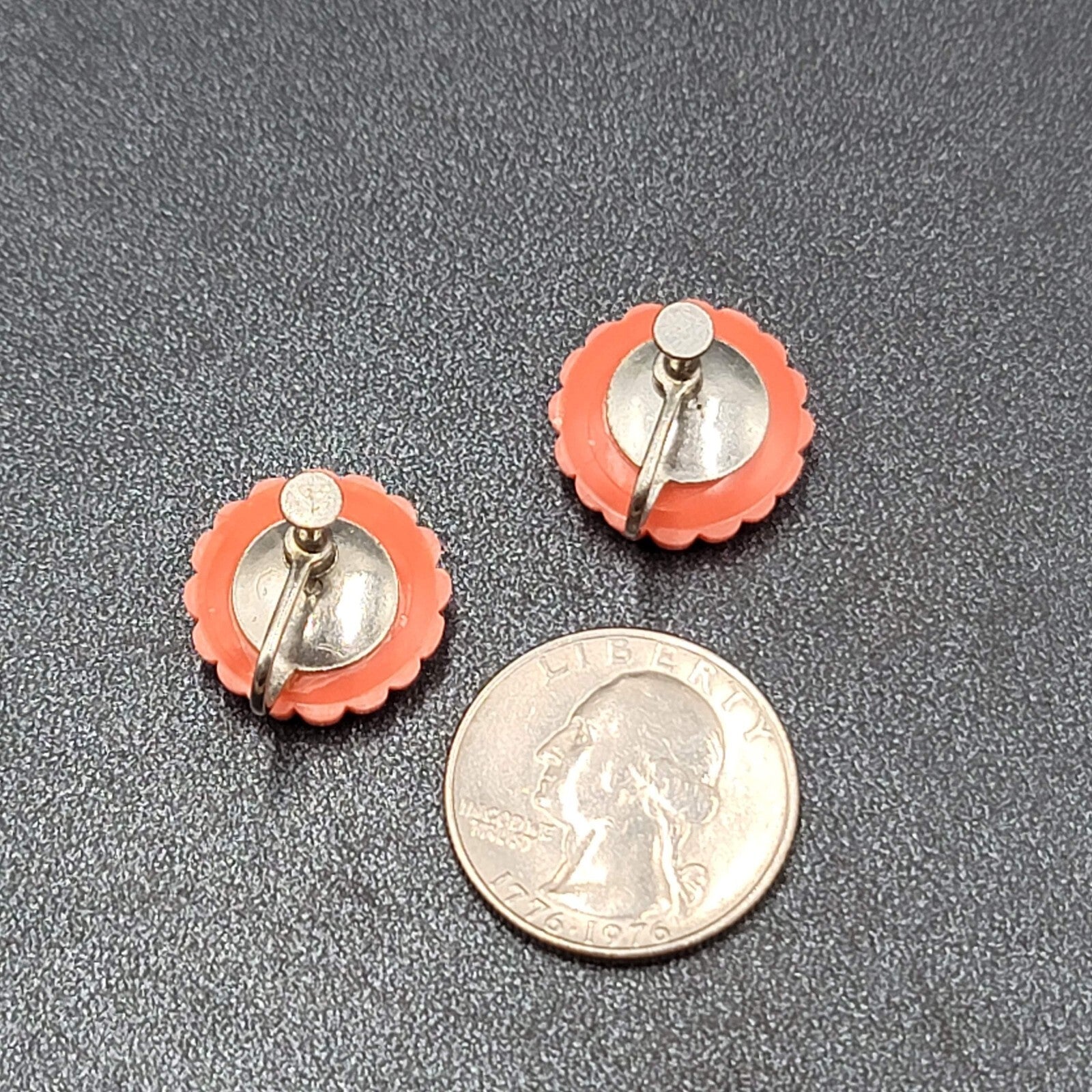 Vintage Clip on Earrings Coral Pink Plastic Flower Studs Screw Back 3/4"
