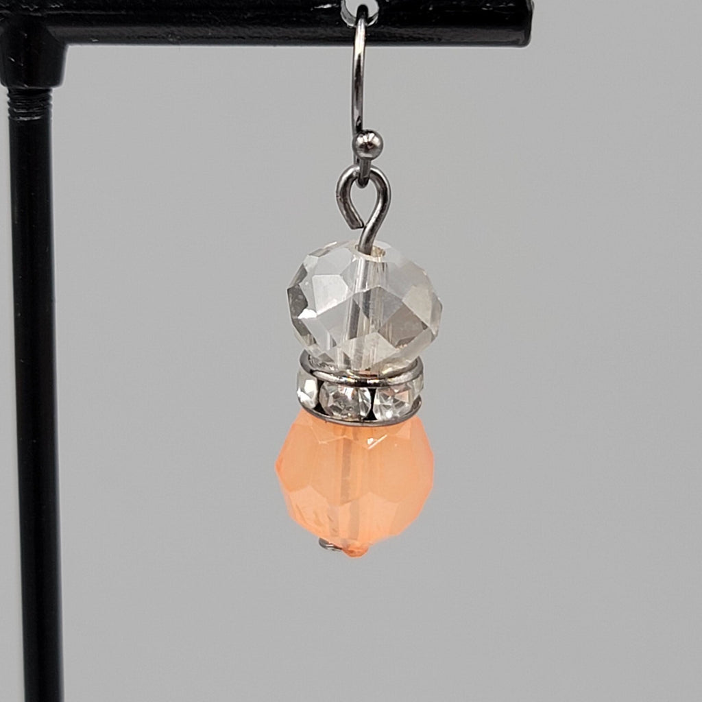 Pierced Earrings Black Metal Peach Clear Crystal Faceted Beads Dangle 1"