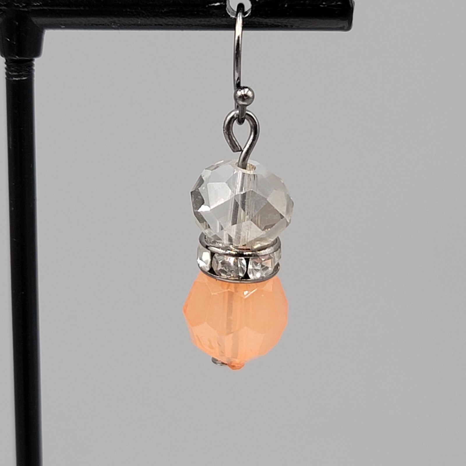 Pierced Earrings Black Metal Peach Clear Crystal Faceted Beads Dangle 1"