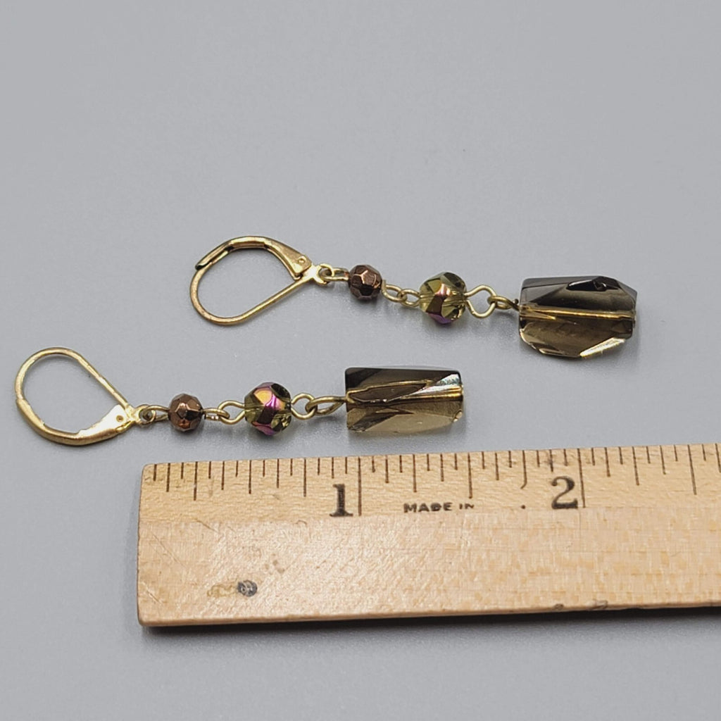 Glass AB Bead Pierced Earrings Gold tone Aurora Borealis Dangle 1.5"