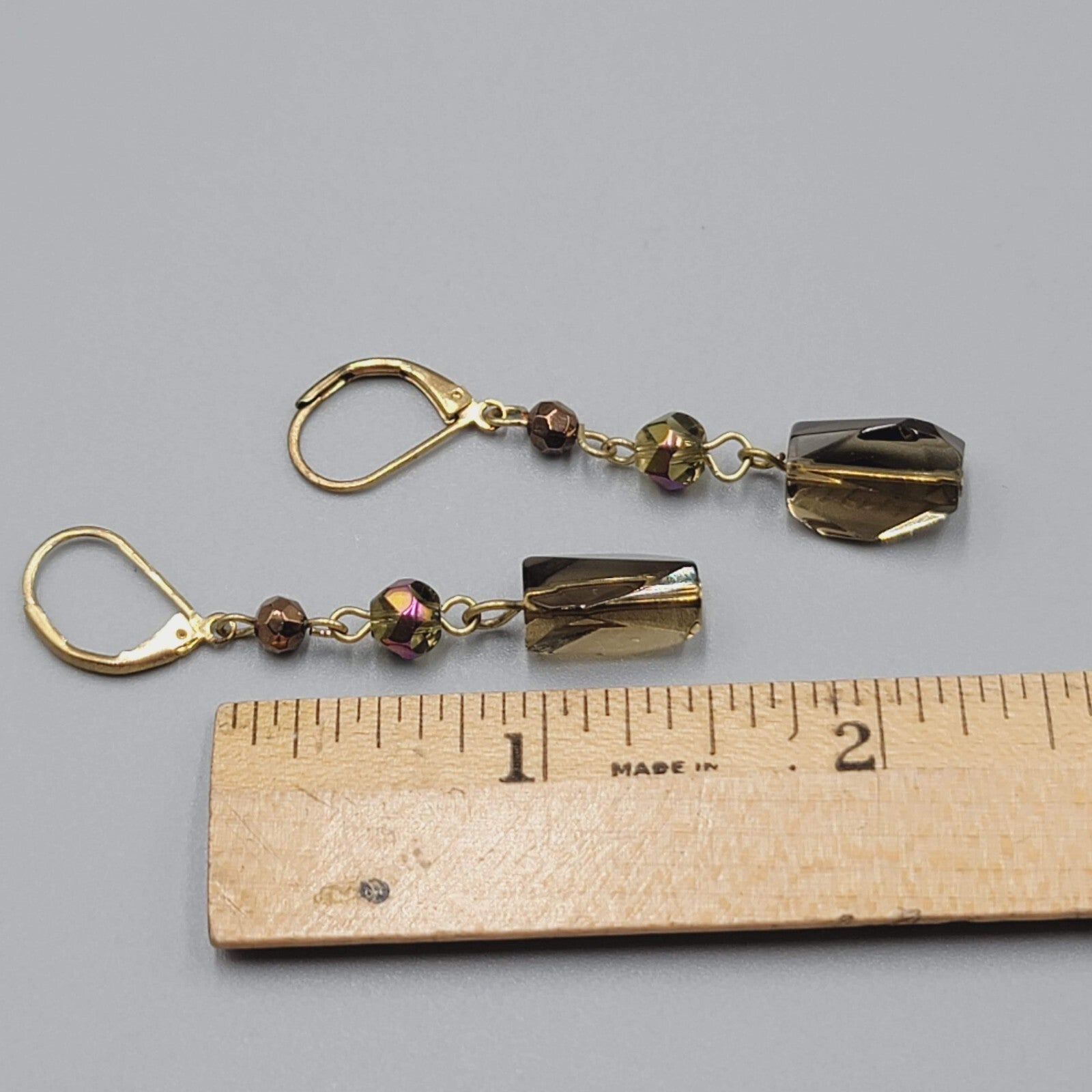 Glass AB Bead Pierced Earrings Gold tone Aurora Borealis Dangle 1.5"