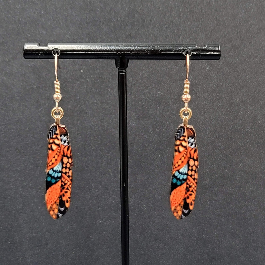 Metal Feather Pierced Earrings Ornage Blue Gold tone Dangle 1.5"