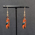 Metal Feather Pierced Earrings Ornage Blue Gold tone Dangle 1.5"