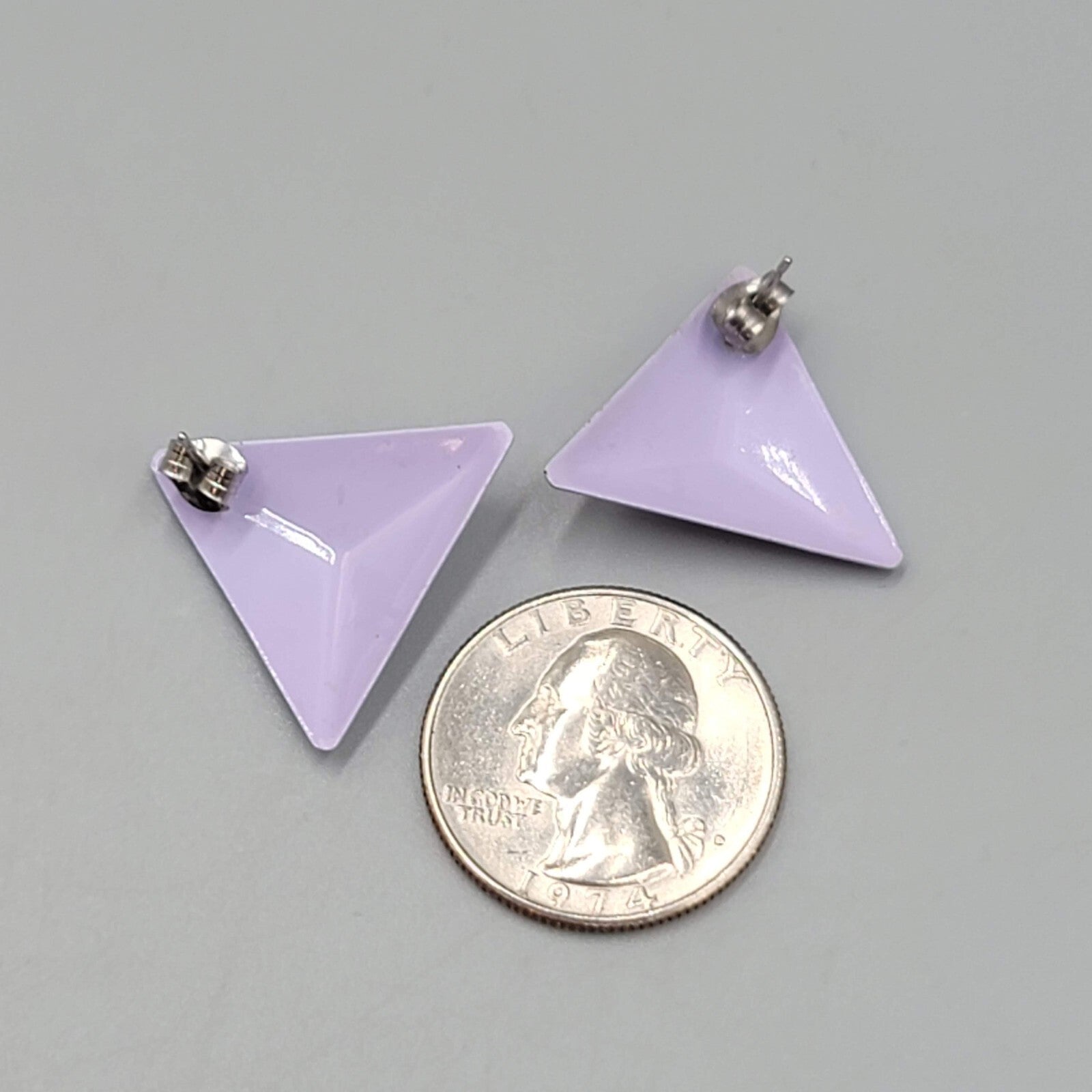 Vintage Light Purple Enamel Triangle Pierced Earrings 7/8"