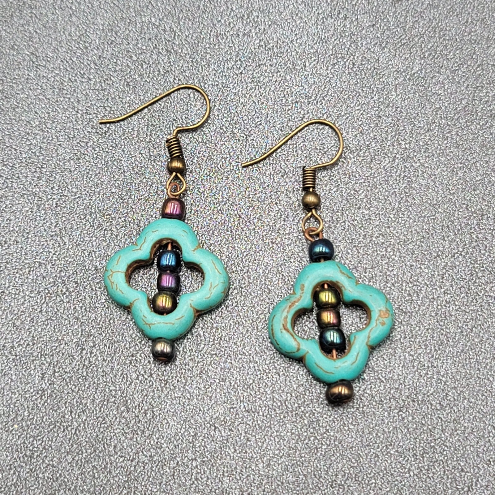 Pierced Earrings Dyed Blue Howlite Open Work Bead Dangle  1 1/8"
