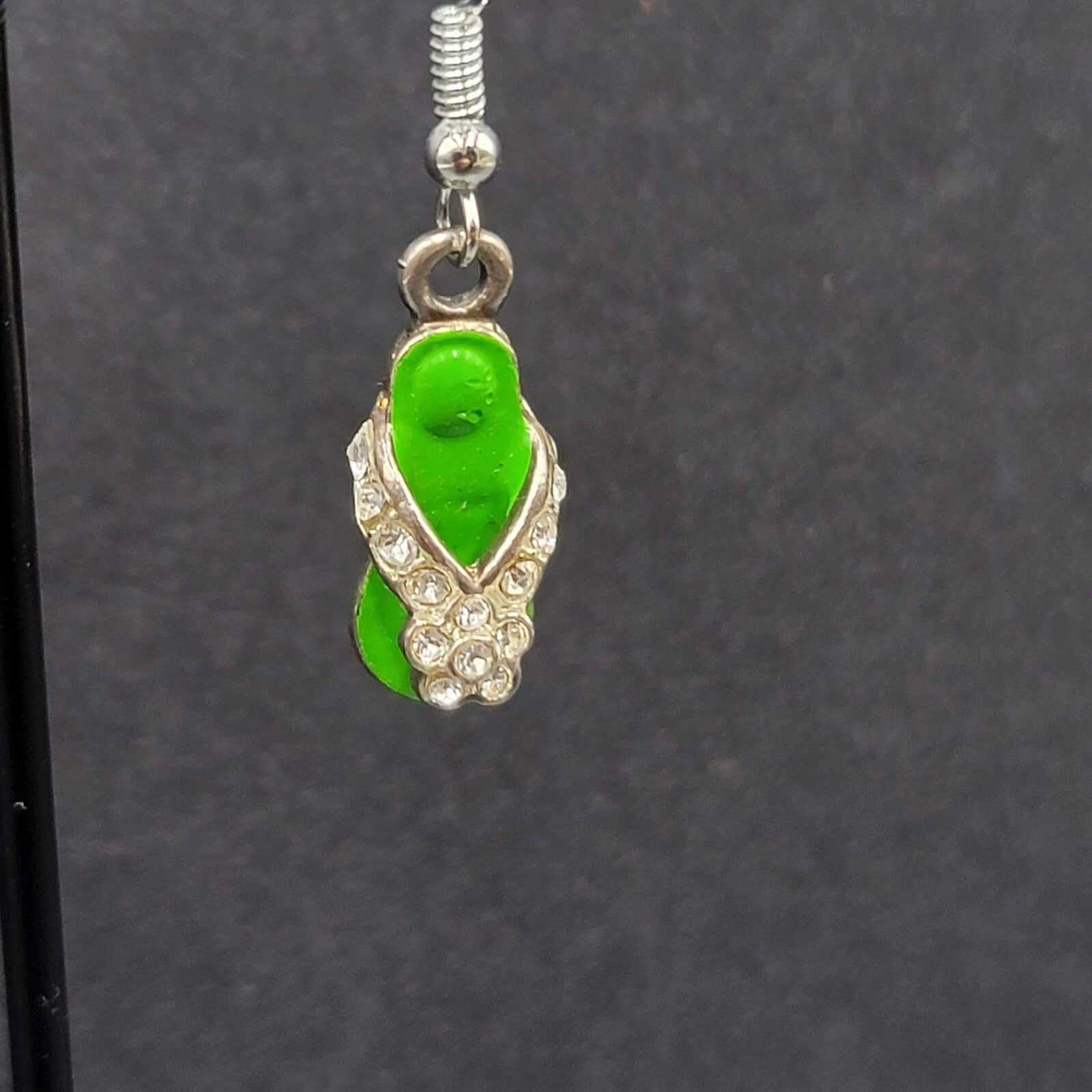 Pierced Earrings Green Enamel Flip Flop Rhinestone Dangle 1"