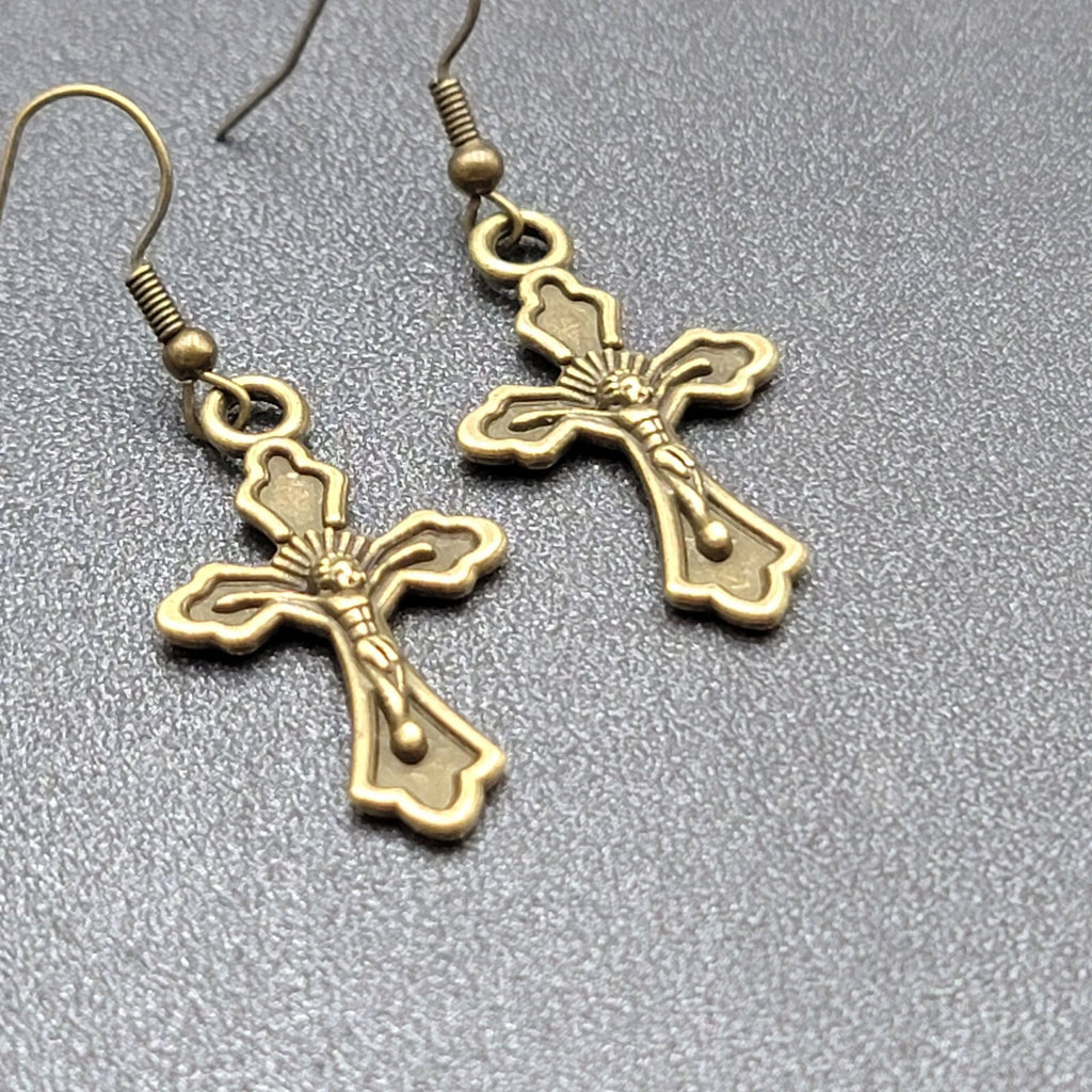 New Crucifix Cross Pierced Earrings Bronze tone Dangle 1 1/8"