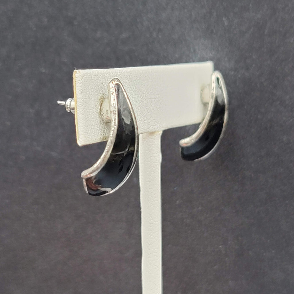 Vintage Pierced Earrings Black Enamel Drop Silver tone 1"